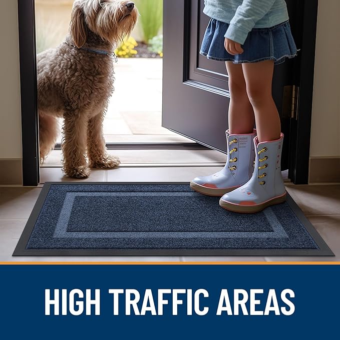 OLANLY Front Door Mat Indoor Outdoor Entrance, Waterproof All-Season, All-Weather Doormat, Sturdy Natural Rubber, Fade Resistant, Low Profile, Easy Clean Patio Porch Entryway Mat, 71x23, Blue