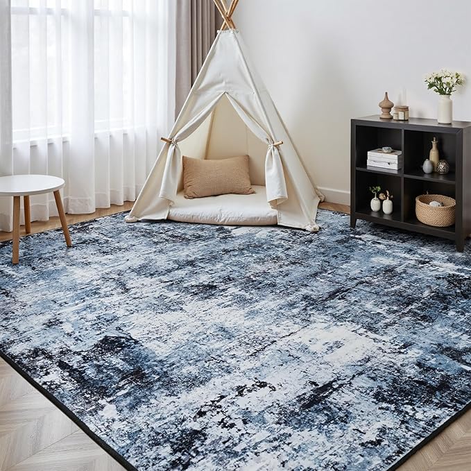 Rugflix 8x10 Area Rugs for Living Room, Washable Large Rug Stain-Resistant Low Pile, Modern Dark Carpet for Dining Room Home Office Kid Room Nursery Bedroom, Navy Blue/Black