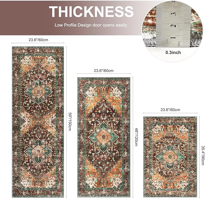 Yamaziot Washable Kitchen Runner Rug Set of 3, Non-Slip Boho Vintage Hallway Rug Runner with Rubber Backing, Stain Resistant & Low Pile Distressed Carpet Runner for Bedroom, Kitchen, Laundry, Entrance
