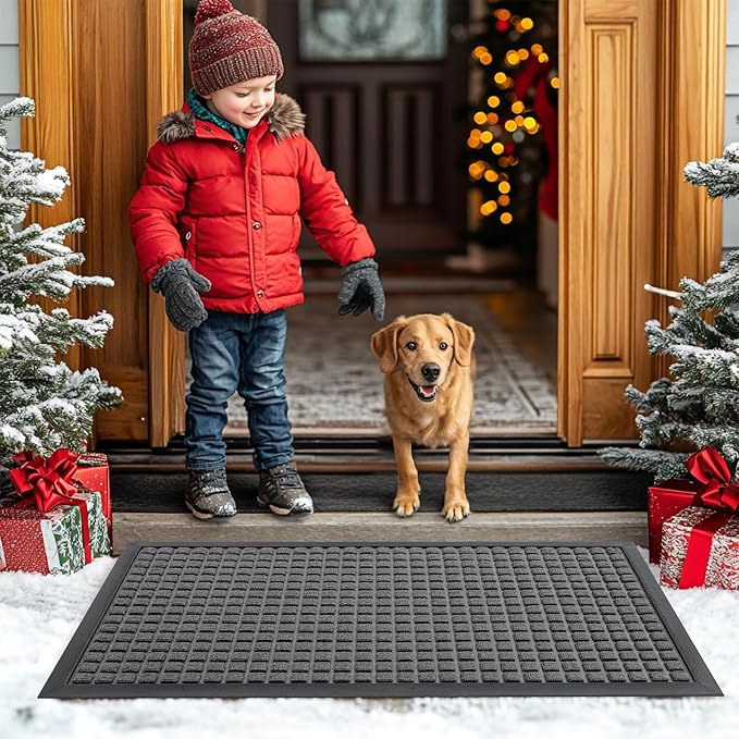 Smiry Front Door Mat Outside Entrance, Heavy Duty Natural Rubber Doormat, Non Slip, Trap Dirt and Moisture, Easy Clean, Low Profile Welcome Floor Mats for Indoor Outdoor Entry, 59x23 Inch, Grey