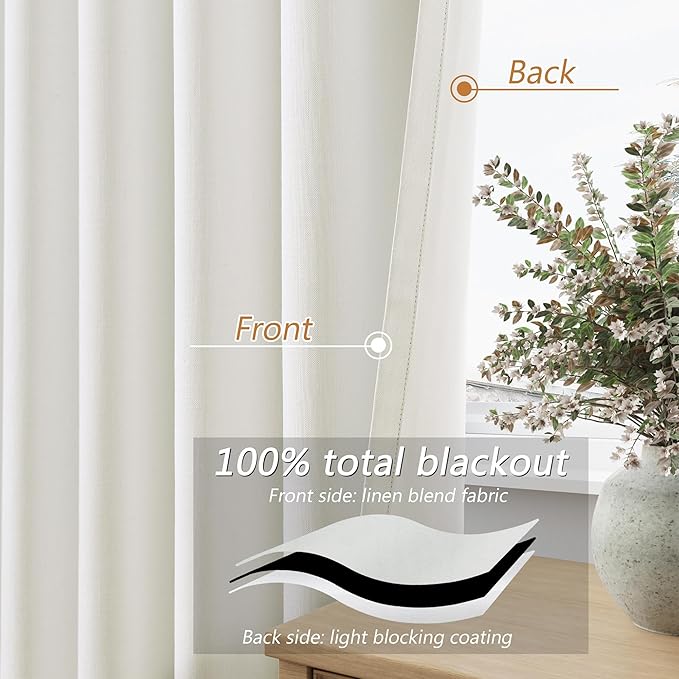 Ivory 100% Blackout Linen Curtains 102 Inch Length 2 Panels Set for Living Room Bedroom Back Tab Thermal Insulated Black Out Drapes Room Darkening Farmhouse Style for Bedroom Window Curtains 52x102