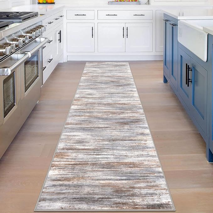 KOZYFLY Modern Abstract Hallway Runner Rug, 2x8 Kitchen Rugs Non-Slip Washable Soft Striped Kitchen Runner Rugs, Print Grey Brown Carpet Runner for Entryway Bathroom Laundry Room Foyer