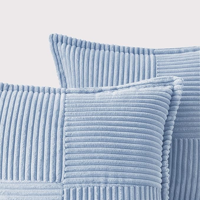 MIULEE Decorative Throw Pillow Covers for Couch Bed Livingroom 20x20 Inch Set of 2 Light Blue Boho Accent Throw Pllows Broadside Striped Patchwork Soft Corduroy Pillowcases