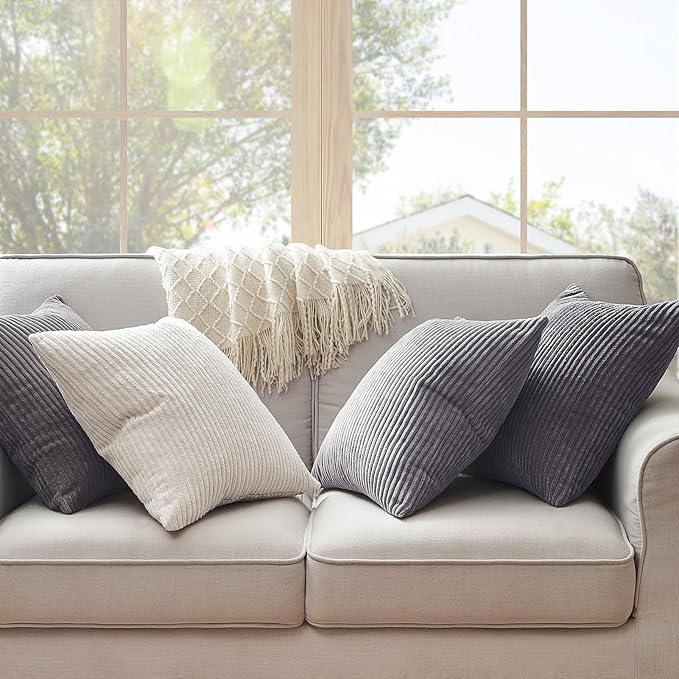Topfinel 55x55cm Gray Set of 4 Corduroy Pillow Covers Cushion Cover Decorative Cushion Cover Sofa Cushion Deco for Sofa Bedroom Living Room Balcony Children Gradient