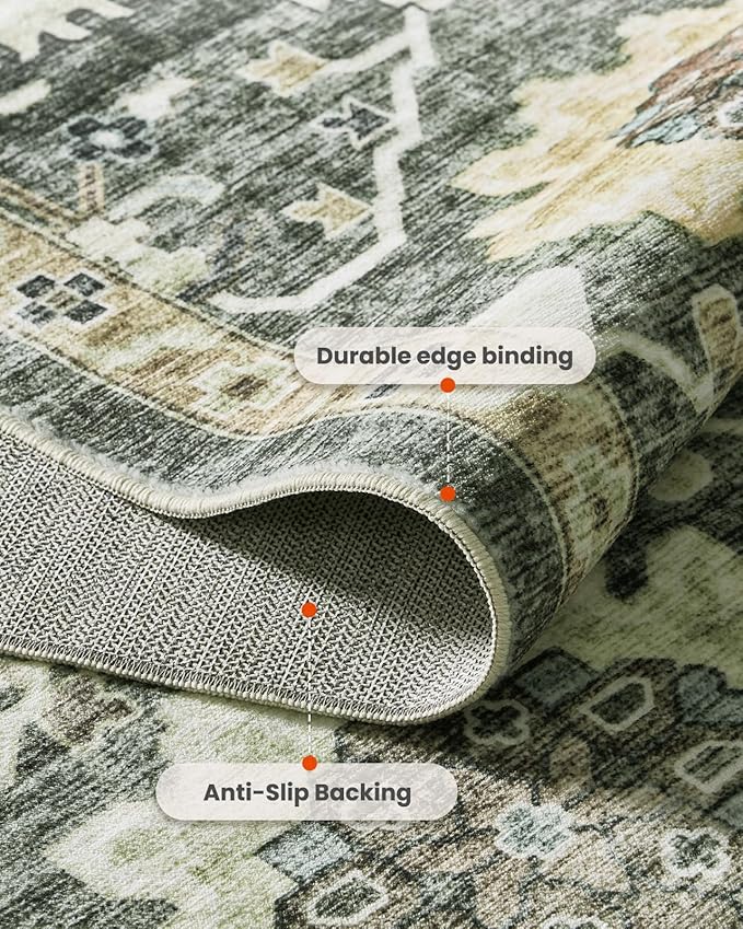 AMADA HOMEFURNISHING 9x12 Washable Area Rug, Low-Profile Large Area Rug with Non-Slip Backing & Durable Edge Binding, Vintage Large Rugs for Living Room, Bedroom & Dining Room