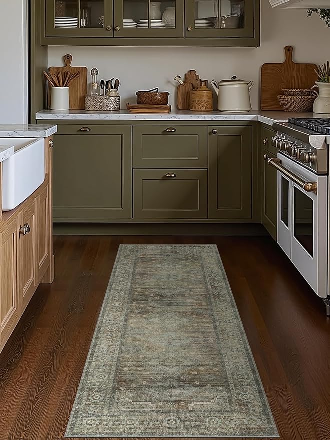 BEIMO Runner Rug for Hallway Kitchen, 2x5 Machine Washable Runners Rug for Entryway, Soft Modern Boho Throw Rugs, Low Pile Floor Cover with Non Slip Backing, Distressed Light Greyish Sage Green