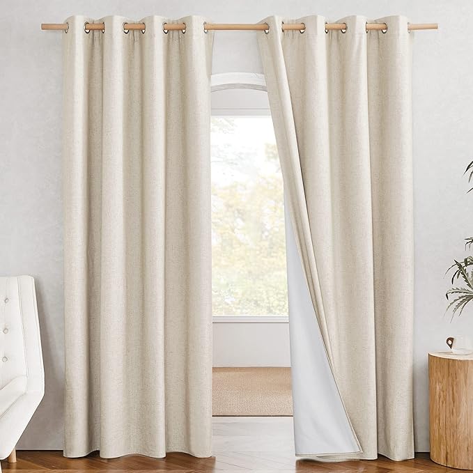NICETOWN 100% Absolutely Blackout Linen Curtains with Thermal Insulated White Liner, 52" W, 2 PCs, Beige, 90" Long Drapes Sweep The Floor Decorative Keep Privacy Panels for Living Room/Villa/Bedroom
