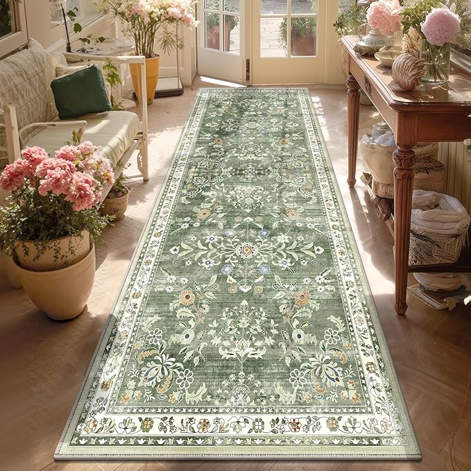 Yamaziot Washable Runner Rug 3x8 – Large Floral Non Slip Boho Hallway Runner Rug with Rubber Backing, Low Pile Faux Wool Distressed Carpet for Kitchen, Laundry, Bedroom, Entrance, Green