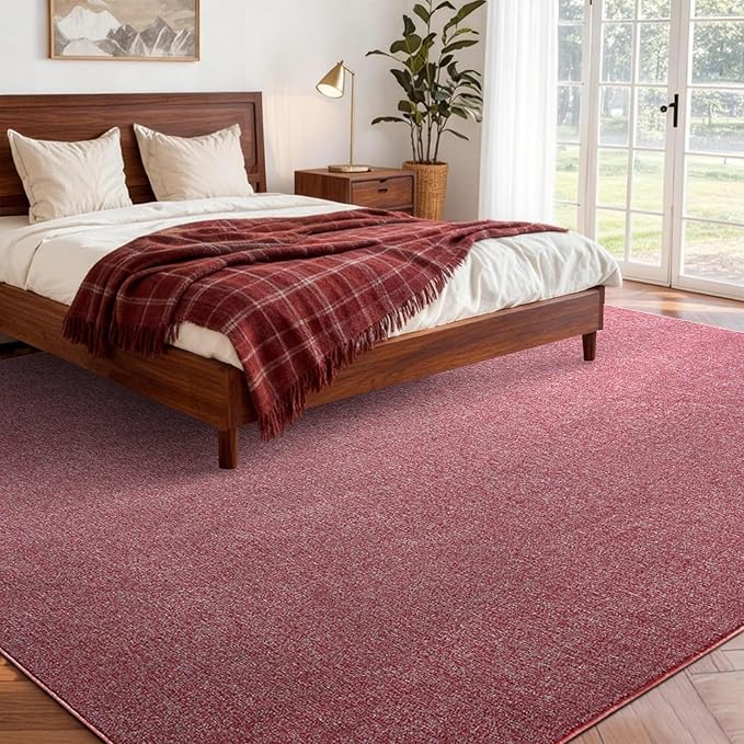 FinRèc 5x7 Washable Area Rugs for Bedroom Living Room, Low Pile Thin Rug Solid Color, Non-Slip Carpet Indoor for Home Decor (Red)