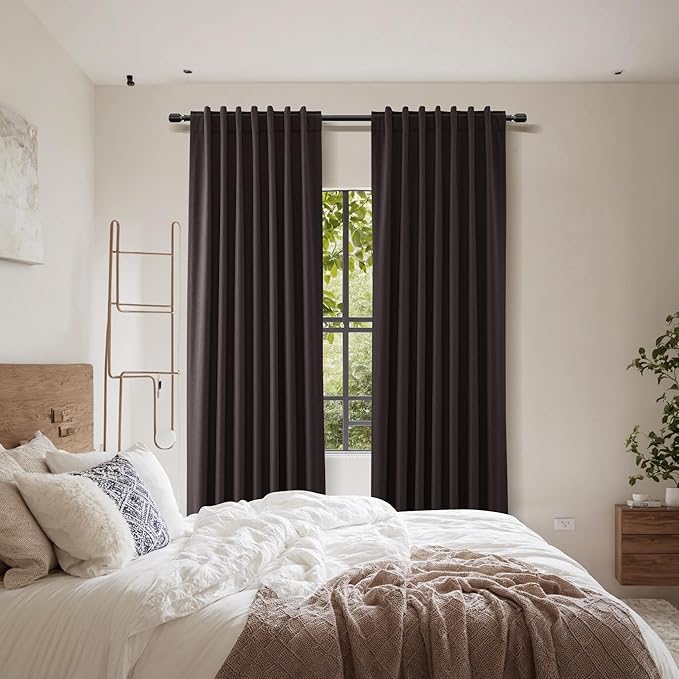 Guken 100% Blackout Curtains 84 Inch Length 2 Panels Set for Living Room Bedroom Back Tab Thermal Insulated Black Out Linen Drapes Room Darkening Cocoa Coffee,52x84