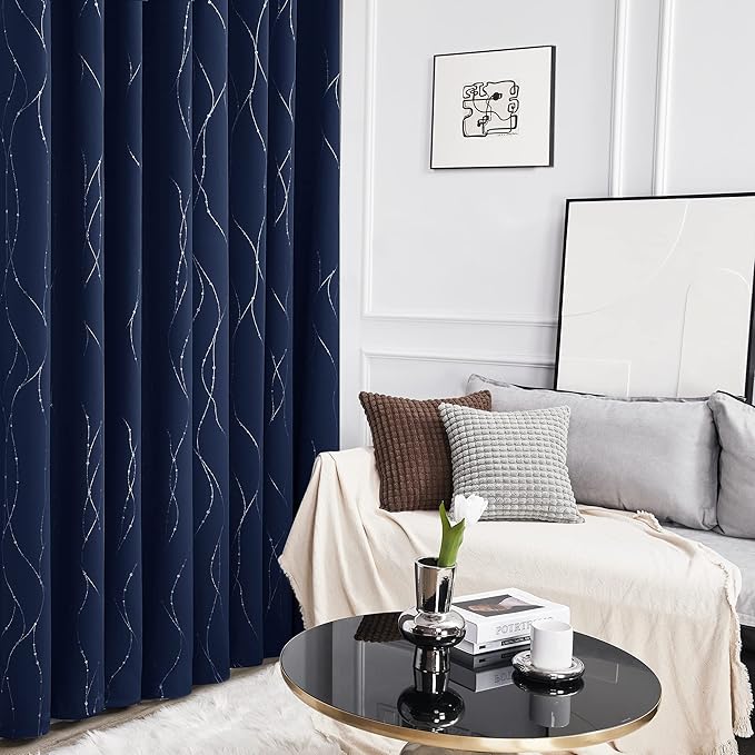 Deconovo Short Kitchen Curtains, Navy Blue Blakcout Curtain 38 x 36 Inch, Thermal Insulated Soundproof Drapes with Silver Wave Dots Prit, Grommet Top, Machine Washable for Nursery Bedroom Living Room