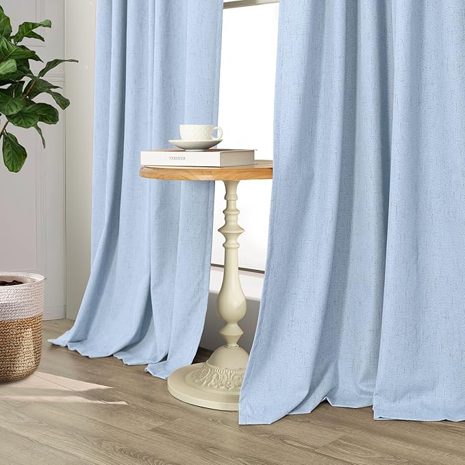 Light Blue Black Out Curtains 96 Inches Long for Living Room 100% Blackout Linen Textured Thermal Window Treatments Grand Millenial Curtain Drapes for Bedroom Modern Farmhouse Decor 96 Length 2 Panels