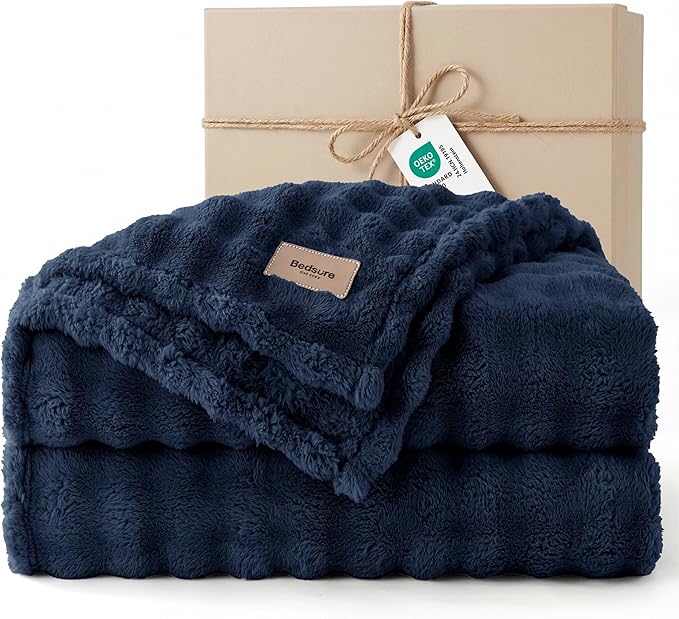 Bedsure 3D Fleece Bubble Blanket - GentleSoft Blue Queen Blanket for Bed Sofa Room Decor - Luxury Soft Cozy Gifts for Kids Girls, Lightweight, All Seasons, Navy Blue, 90"×90"