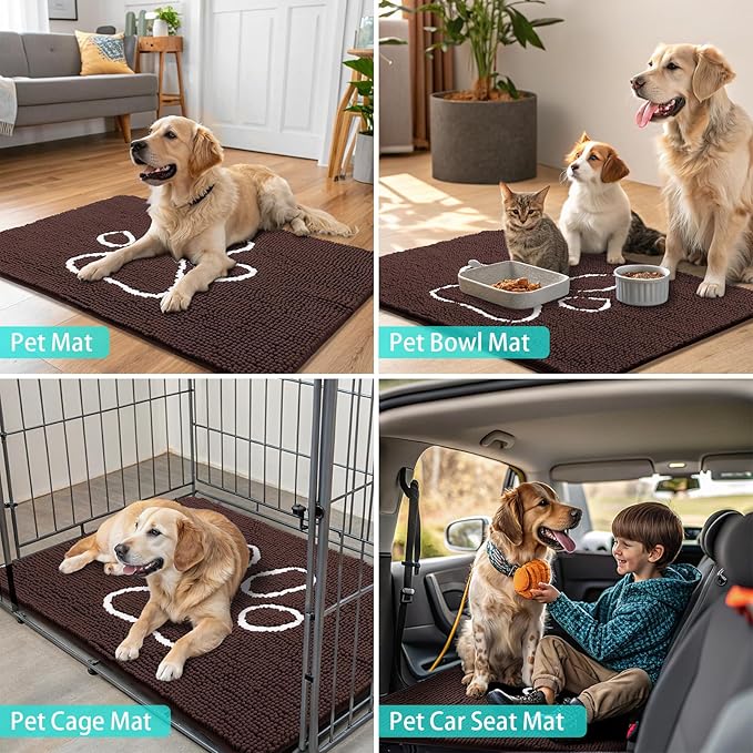 Smiry Dog Door Mat for Muddy Paws, Absorbent Dirt Trapper Non Slip Quick Dry Washable Chenille Mat for Mud Dogs, Entry Rug for Indoor and Outdoor (54x24 Inches, Brown and White)
