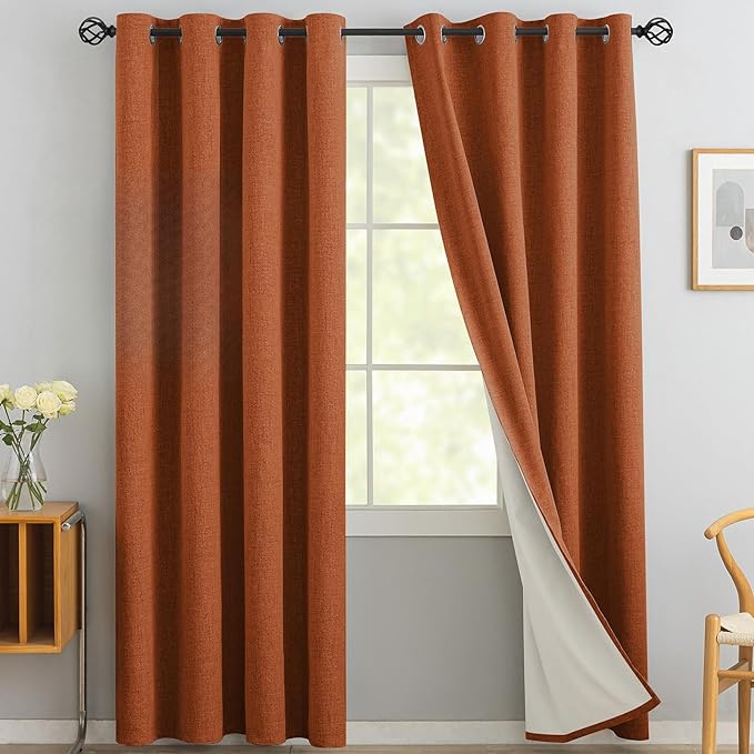 Yakamok Burnt Orange Linen Curtains 100% Blackout 84 Inches Long,Room Darkening Textured Curtains for Living Room Thermal Grommet Bedroom Curtains 2 Panels with White Liner