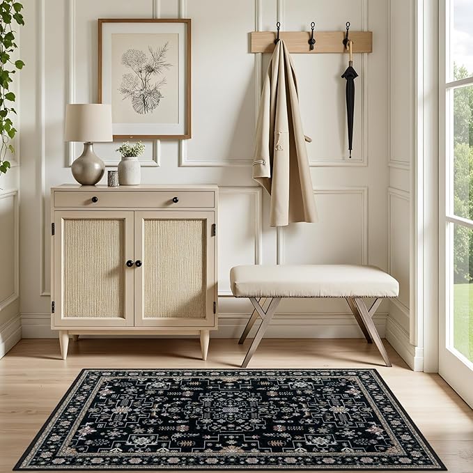2x3 Area Rugs Living Room Rug: Washable Vintage Boho Medallion Rug No Slip Stain Resistant Soft Carpet Indoor Floor Large Carpets for Bedroom Dining Room Farmhouse Nursery Hallway Home Office Black