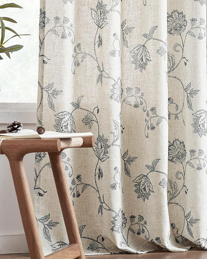 jinchan Linen Curtains Floral Curtain 84 Inch Length for Living Room Bedroom Light Filtering Rod Pocket Back Tab Jacobean Curtains Flax Linen Texture Window Drapes Set 2 Panels Black on Linen