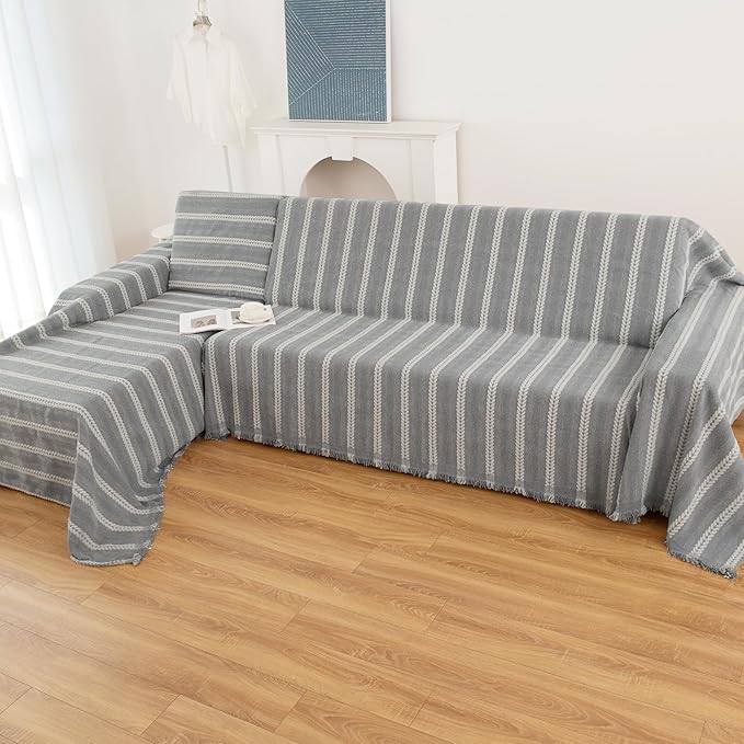Boho Sofa Covers for 2 Cushion Couch, Couch Cover for Dogs, Loveseat Cover Soft Throw Blankets with Tassels(Striped Grey, 71x102)