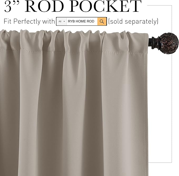 RYB HOME Short Blackout Curtains for Bedroom, Room Darkening Insulated Summer Heat Light UV Blocking Energy Saving Drapes for Nursery, Width 34 by Length 45, Sand, Set of 2