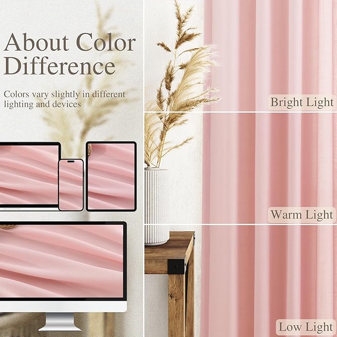 Pink Linen Curtains 90 Inch Long 2 Panels Set for Baby Girl Bedroom Pink Soft Linen Textured Window Drapes Semi Sheer Light Filtering Rod Pocket Back Tab Farmhouse Curtain 52x90