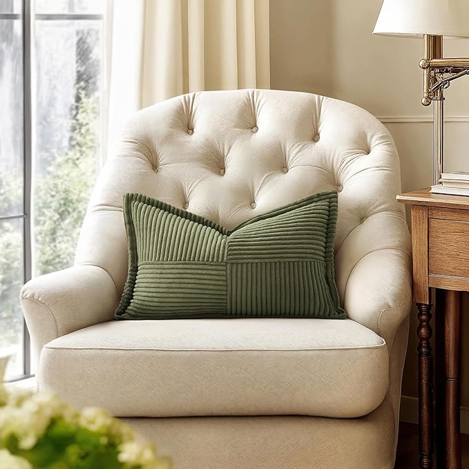 MIULEE Olive Green Corduroy Lumbar Pillow Covers 12x20 Inch 12x20 Inch with Splicing Set of 2 Soft Boho Pillow Covers Broadside Decorative Textured Summer Pillowcases for Couch Bed Livingroom