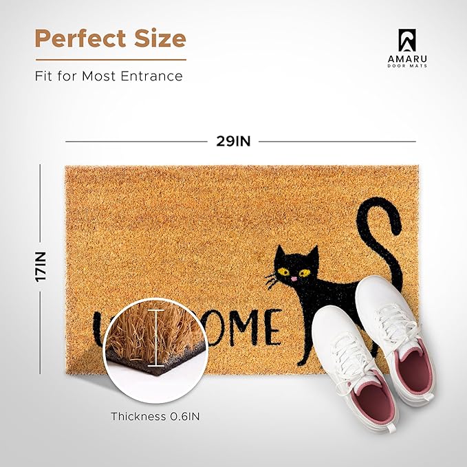 Black Cat - 17"x29" - Coir Door Mat with Heavy Duty Backing - Welcome Mats for Entryway, Porch - Anti-Slip PVC & Coconut Fiber Surface - Natural Home Accessories, Minimalist Original Design