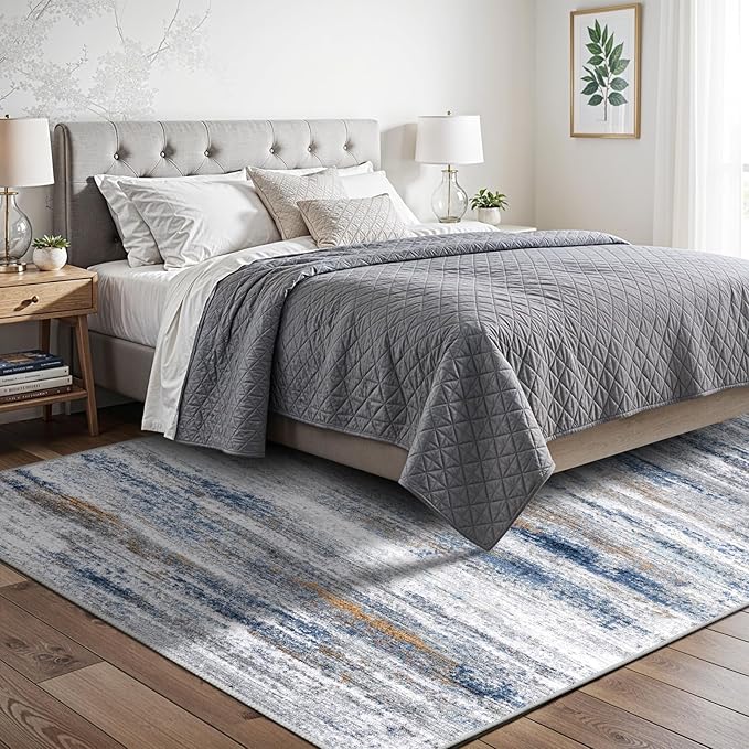 5x7 Area Rug for Living Room: Non-Slip Washable Rugs for Dining Room Bedroom Study Home Office - Easy-to-Clean Stain and Water Resistant Carpet - Soft Low-Pile Mat Navy Grey