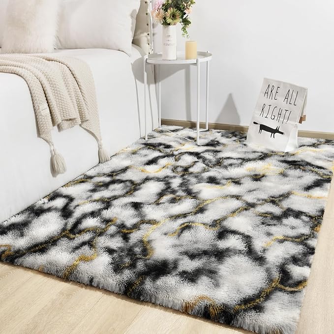 TWINNIS Super Soft Shaggy Rugs Fluffy Carpets, 6x9 Feet, Indoor Modern Plush Area Rugs for Living Room Bedroom Kids Room Nursery Home Decor, Upgrade Anti-Skid Rectangular Fuzzy Rug, Grey Gold