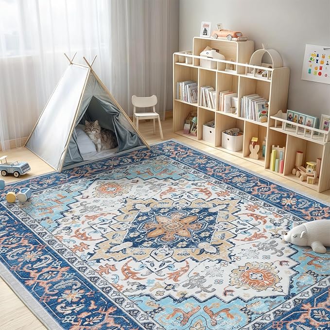 Lofus 8x10 Area Rugs for Living Room, Washable Area Rug, Rugs for Bedroom, Kitchen, Vintage Boho Carpet, Soft Non-Slip, Low Pile Large Area Rug for Office Dining Room, Floral Blue