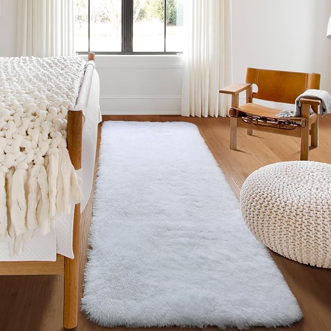 ONASAR White Runner Rugs for Bedroom Living Room, Luxury Bedside Fluffy Area Rug 2x6 Feet, Ultra Soft Plush Faux Fur Floor Throw Carpet for Hallway Nursery Kids Dorm Home Decor Aesthetic