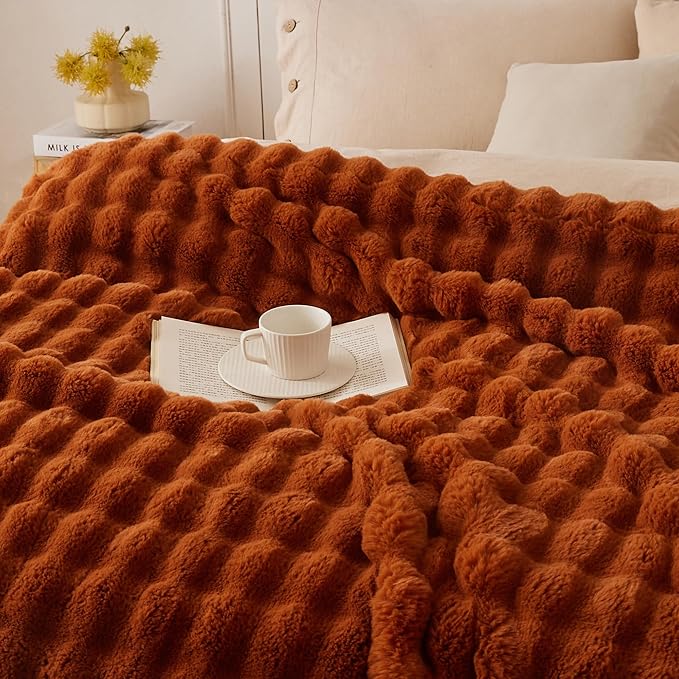 COOVA Faux Fur Throw Blanket for Couch, Cozy Soft and Fuzzy Plush Rabbit Fur Bubble Blanket for Sofa Bedroom Living Room, 50x60 Inches Brown