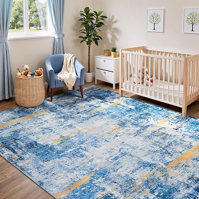 Rugflix 8x10 Area Rugs for Living Room, Washable Large Rug Stain-Resistant Low Pile, Modern Carpet for Dining Room Home Office Kid Room Nursery Bedroom, Blue Gold