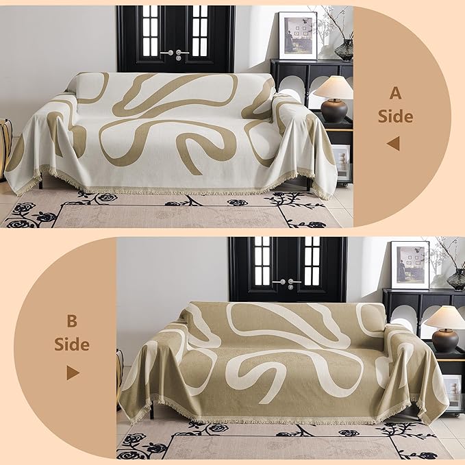 MYSKY HOME Couch Cover for 3 Cushion Sofa, Super Soft Boho Couch Covers for Dogs Washable, Jacquard Slipcover Furniture Protector for Living Room, 91" x 118", Khaki Curve