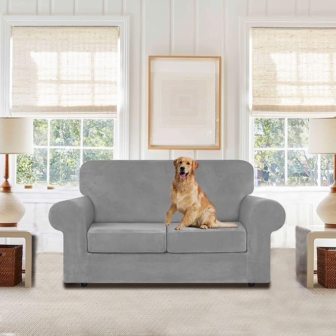 WEERRW Velvet Couch Covers for 2 Cushion Couch Sofa - High Stretch Luxury Velvet Plush 3 Pieces Sofa Slipcovers with Elastic Bottom, Furniture Protector for Pets, Machine Washable, Silver Grey, Medium