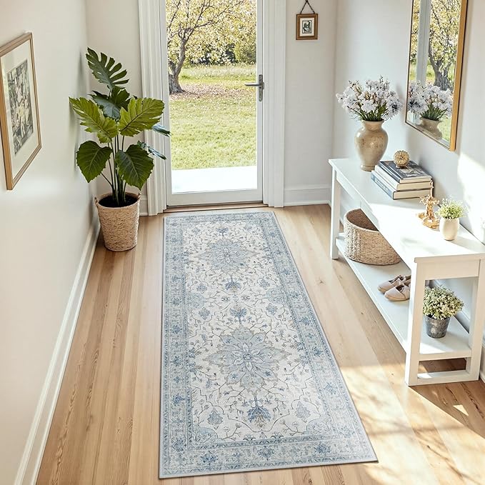 Area Rugs 3'x6' Runner Rug Non Slip Washable for Kitchen Hallway Bedroom Beside Laundry Room Bathroom Rug, Floor Carpet, Light Blue Navy Beige Gray White