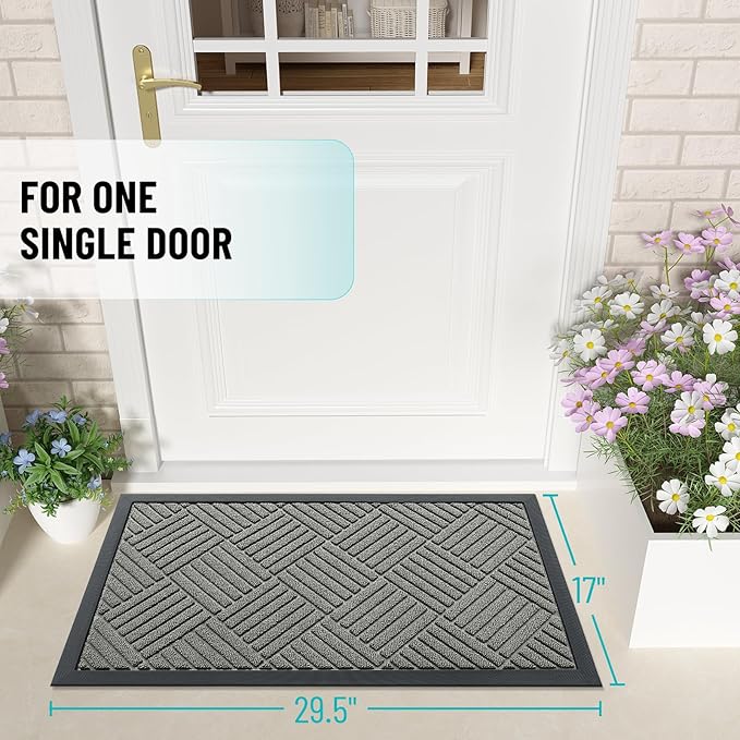 OLANLY Front Door Mat Outside Entrance 29.5x17, Absorbent, Heavy Duty Sturdy Natural Rubber Doormat Indoor Outdoor, Stain Fade Resistant, Non-Slip Low Profile Floor Mat Entryway, Modern Gray Diamond