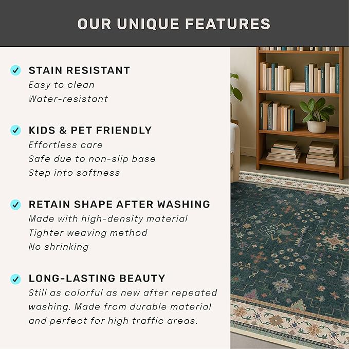 Hazo Haus Dark Green Kitchen Rug 10 ft Long - Modern Vintage Boho Unique Floral with Gold Accent, Washable Low Pile Non-Slip Extra Long Wide Runner Rugs for Hallway, 3x10