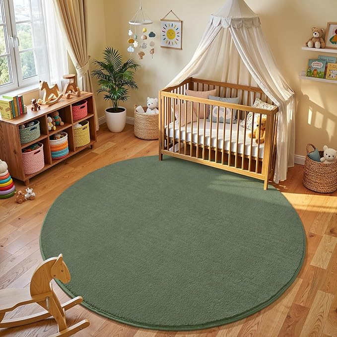 Amearea Sage Green Round Area Rugs 5ft Washable Circle Rugs for Bedroom Living Room, Fluffy Indoor Thickened Memory Foam Rug, Non Slip Minimalist Circular Carpet for Kids Boy Girl Dorm Nursery Room