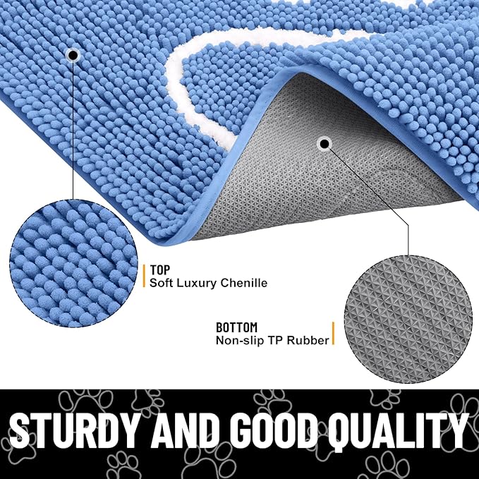 Smiry Dog Door Mat for Muddy Paws, Absorbent Dirt Trapper Non Slip Quick Dry Washable Chenille Mat for Mud Dogs, Entry Rug for Indoor and Outdoor (30x20 Inches, Cornflower Blue and White)