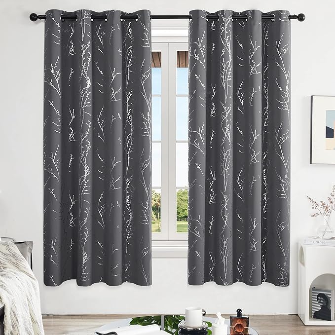 Deconovo Grey Blackout Curtains, Thermal Insulated Soundproof Drapes, Silver Branch Foil Print, 52 x 72 Inch, 2 Panels, Machine‑Washable Privacy Window Panel for Living Room Bedroom Nursery Office