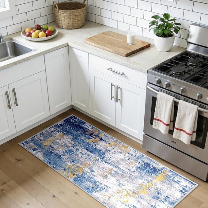 Washable Area Rugs 2'x5' Non-Slip Modern Abstract Soft for Living Room Entryway Bedroom Nursery, Print Pattern, Grey Blue Gold/Golden