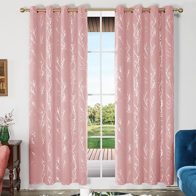 Deconovo Pink Curtains, Blackout Drapes, Thermal Insulated Soundproof Privacy Curtain, Silver Tree Print, 52 x 84 Inch, Machine Washable Window Panels for Girls Bedroom Living Room Nursery, Set of 2