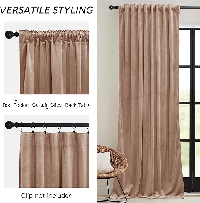 RYB HOME Blush Velvet Curtains 72 inches with Hook Belt, Soft Fabric Room Darkening Thermal Insulated Luxurious Home Decor Curtains for Living Room Bedroom, W 52" x L 72", 2 Panels Set