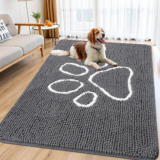 Smiry Dog Door Mat for Muddy Paws, Absorbent Dirt Trapper Non Slip Quick Dry Washable Chenille Mat for Mud Dogs, Entry Rug for Indoor and Outdoor (70x32 Inches, Dark Grey and White)