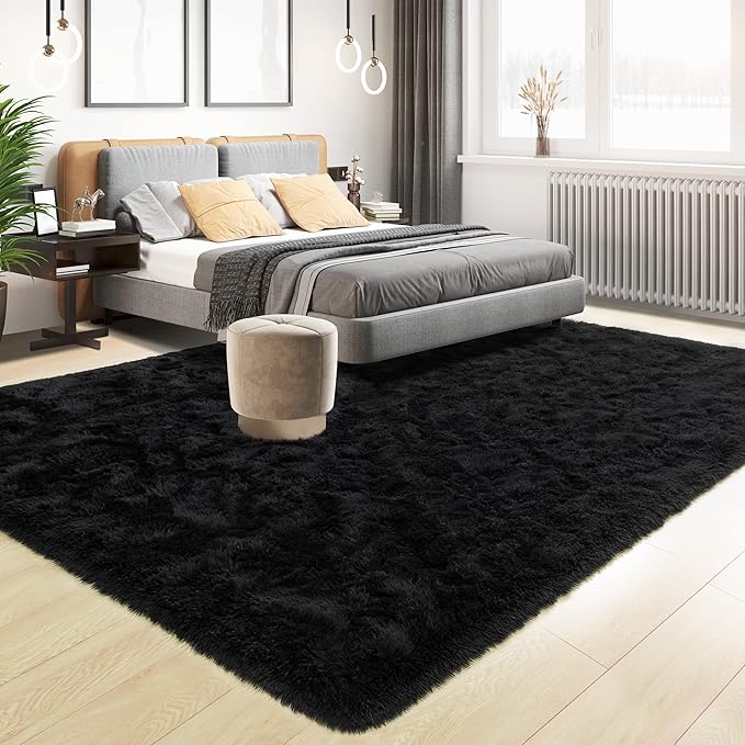 Tepook Super Soft Fluffy Rug for Bedroom, Modern Shaggy Fuzzy Kids Rugs for Living Room, Plush Indoor Nursery Home Decor Dorm Carpet with Non-Slip Bottom, Black, 3 X 5 Feet