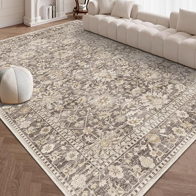 7X9 Area Rugs Machine Washable Rugs for Living Room Bedroom Hallway, Non Slip Indoor Soft Accent Distressed Boho Vintage Print Lightweight Thin Low Pile Carpet (Deep Brown/Gold, 7x9)