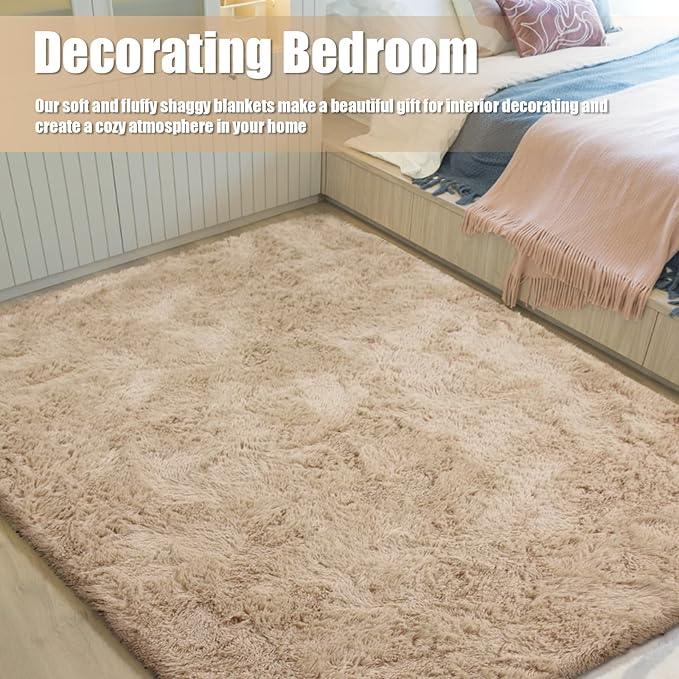 Shag Area Rug for Bedroom 4x6,Beige Fluffy Area Rugs for Living Room,Soft Fuzzy Rug Non-Shedding Indoor Plush Carpet for Kids Bedroom Nursery Dorm Home Decor