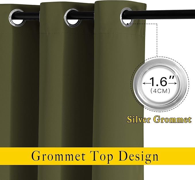 NICETOWN Room Darkening Curtains 63 inches Long for Bedroom, Grommet Thermal Insulated Window Treatments Sound Reducing Drapes for Christmas Day, W46 x L63, Olive, 2 Panels