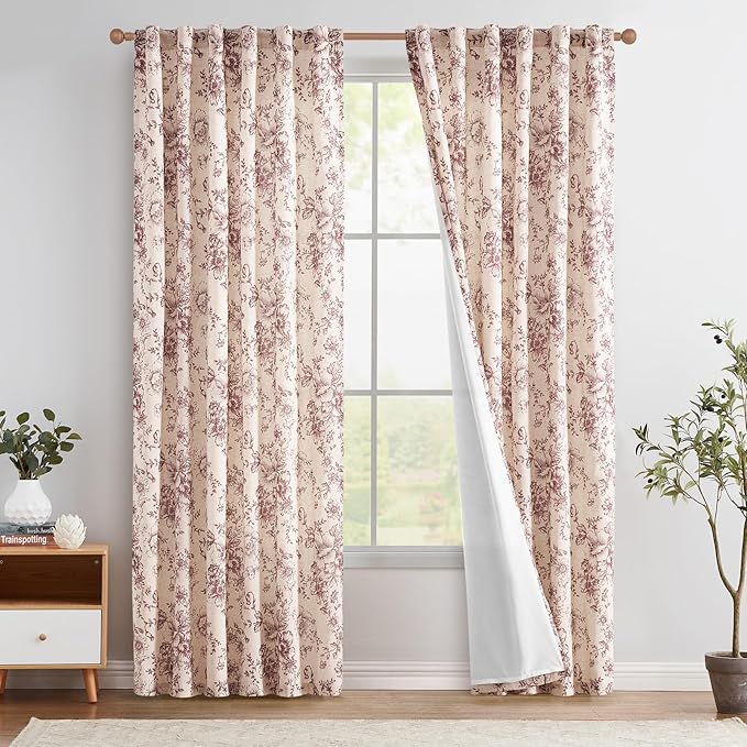jinchan Lined Linen Blend Curtain Floral Curtains for Living Room 90 Inches Long Farmhouse Red Flower Printed Curtain Rod Pocket Back Tab Peony Patterned Drapes Curtains Set 2 Panels