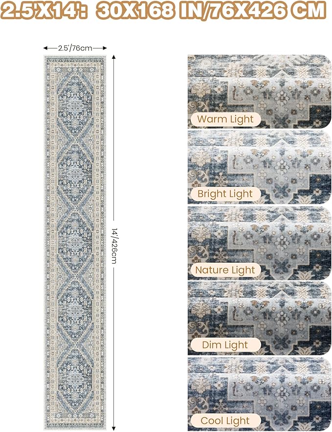 Washable Runner Rug 2.5x14, Non-Slip Long Kitchen Mats for Floor, Vintage Rug for Entryway, Soft Hallway Runner for Dining Room, Bedroom, Living Room(Blue/Beige,2.5'x14')